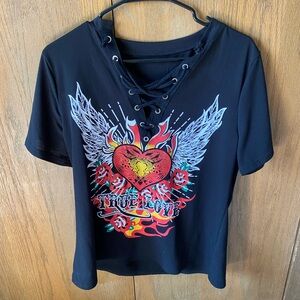 Black Graphic Lace-Up Women Top